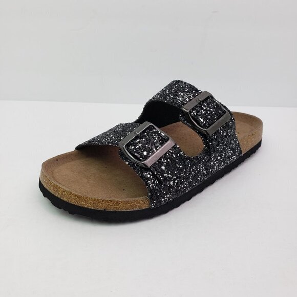 NEW Seekavan Womens Size 6-6.5 Black Glitter Leather Slip On 2 Strap Sandals - Picture 2 of 10